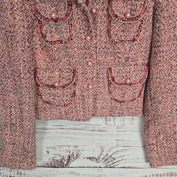 Cynthia Steffe Pink Tweed Blazer S Faux Fur Sequin Pearl Preppy Glam Lux Jacket - Picture 5 of 15